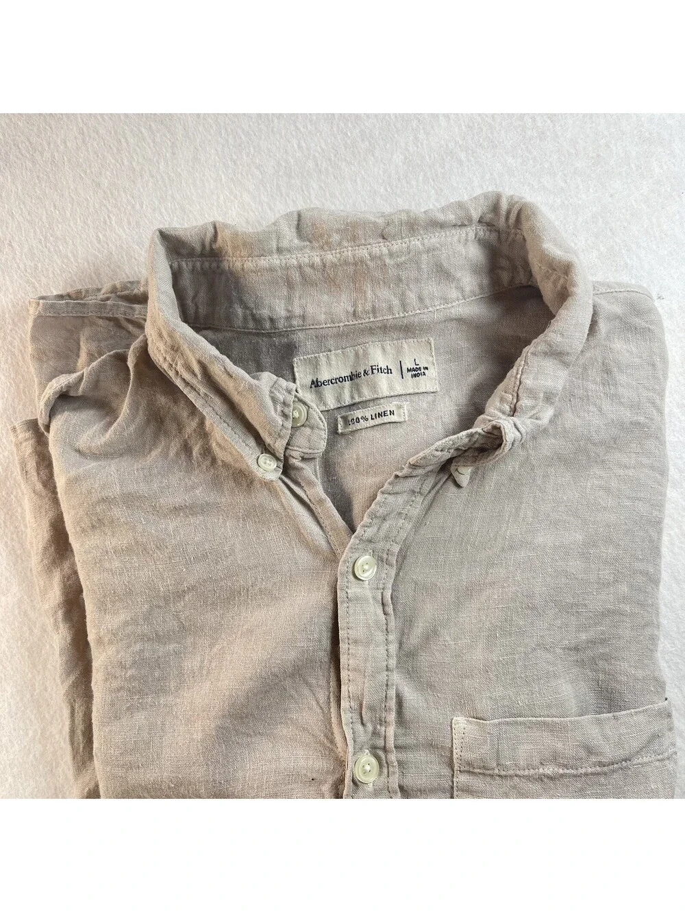 Abercrombie & Fitch Mens Shirt Tan 100% Linen Long Sleeve Sz L Casual Logo khaki